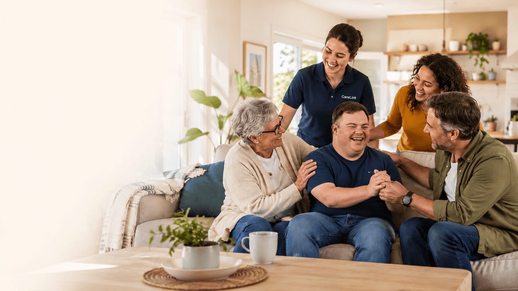 A family and support worker sharing a joyful moment at home